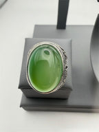 Men's antique silver-toned ring featuring a vivid apple green chalcedony agate stone, size 7, by Republic Mercantile.