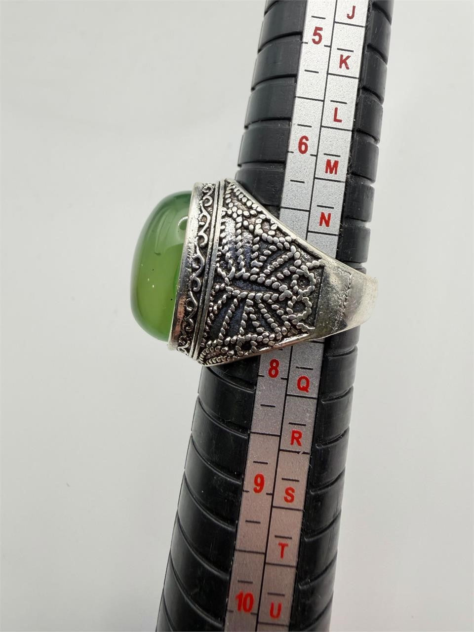 Men's antique silver-toned ring featuring a vibrant apple green chalcedony agate stone, size 7, by Republic Mercantile.