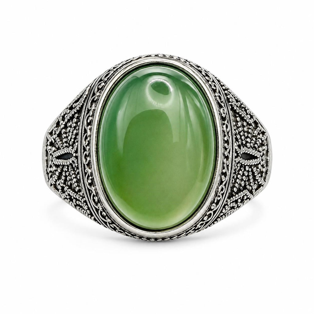 Men's antique silver-toned ring featuring a vibrant apple green chalcedony agate stone, size 7, from Republic Mercantile.