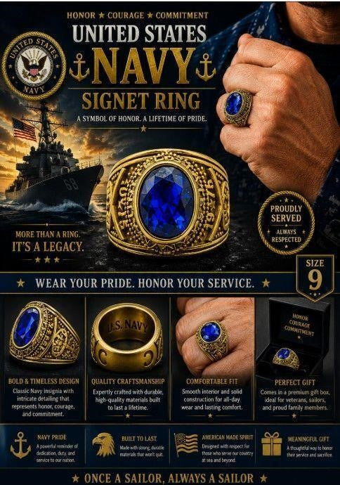 Men's US Navy signet ring in blue with size 9, featuring detailed navy insignia, branded by Republic Mercantile.