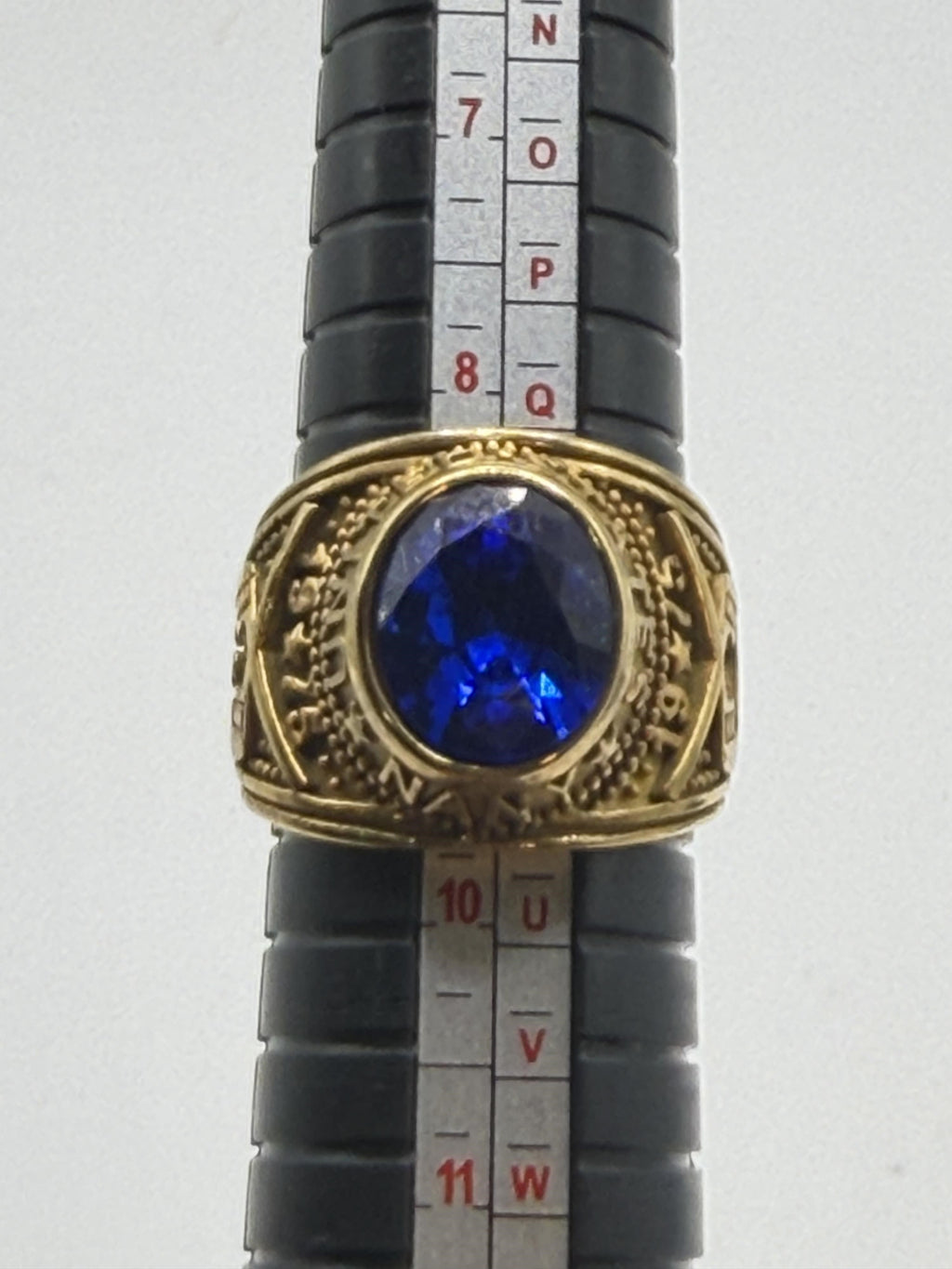 Men's US Navy signet ring in blue with size 9 from Republic Mercantile, featuring a detailed navy-themed design on the front.