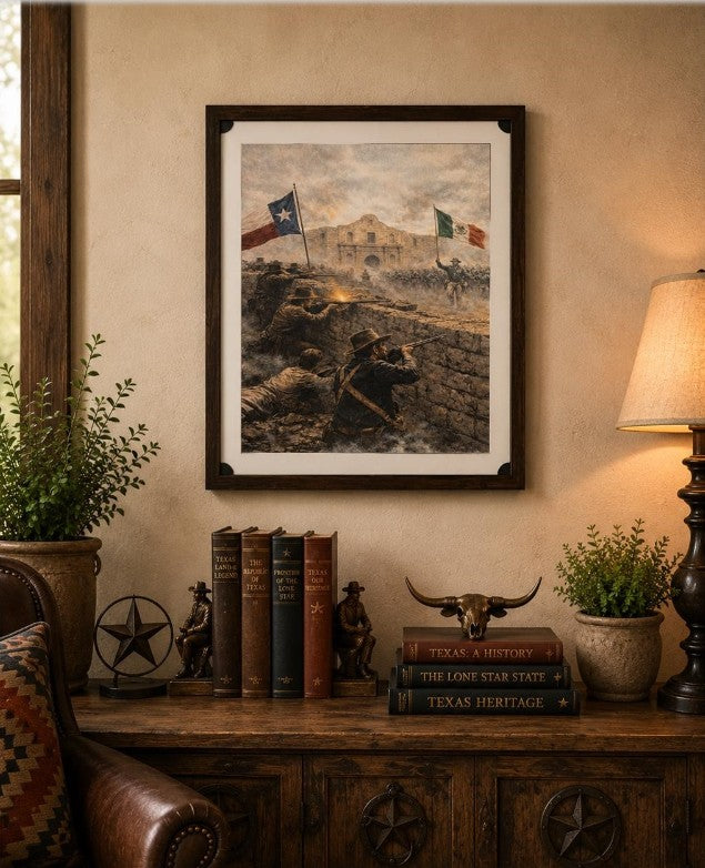 Republic Mercantile Texas Heritage Series 8x10 inch art print of The Alamo in a mat folder, showcasing historic Texas landmark.