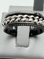 Men's silver chain-link ring on black band, size 10, from Republic Mercantile, featuring a stylish and modern design.