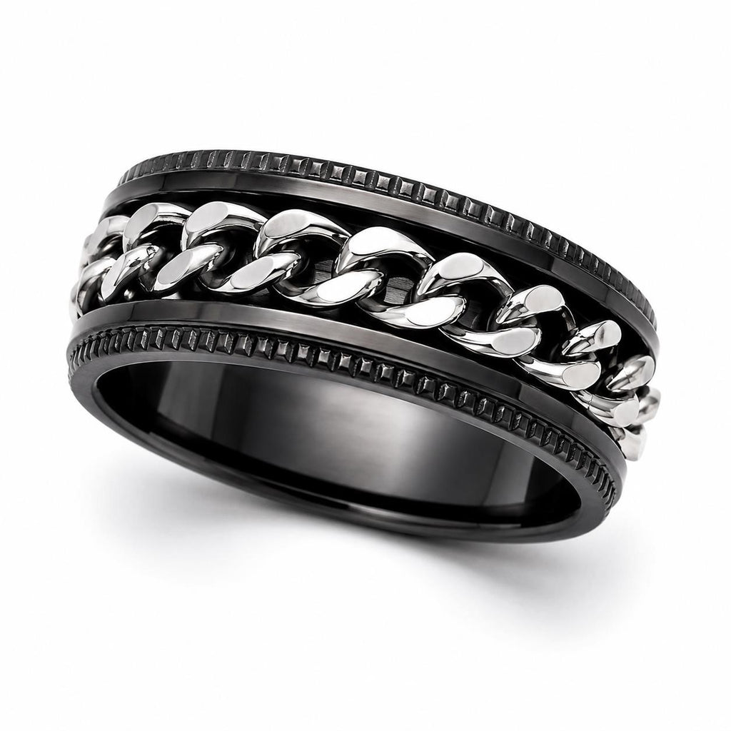 Men's silver chain-link ring on black band, size 10, from Republic Mercantile, showcasing a sleek, modern jewelry design.