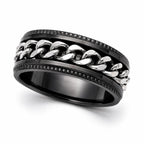 Men's silver chain-link ring on black band, size 10, from Republic Mercantile, showcasing a sleek, modern jewelry design.