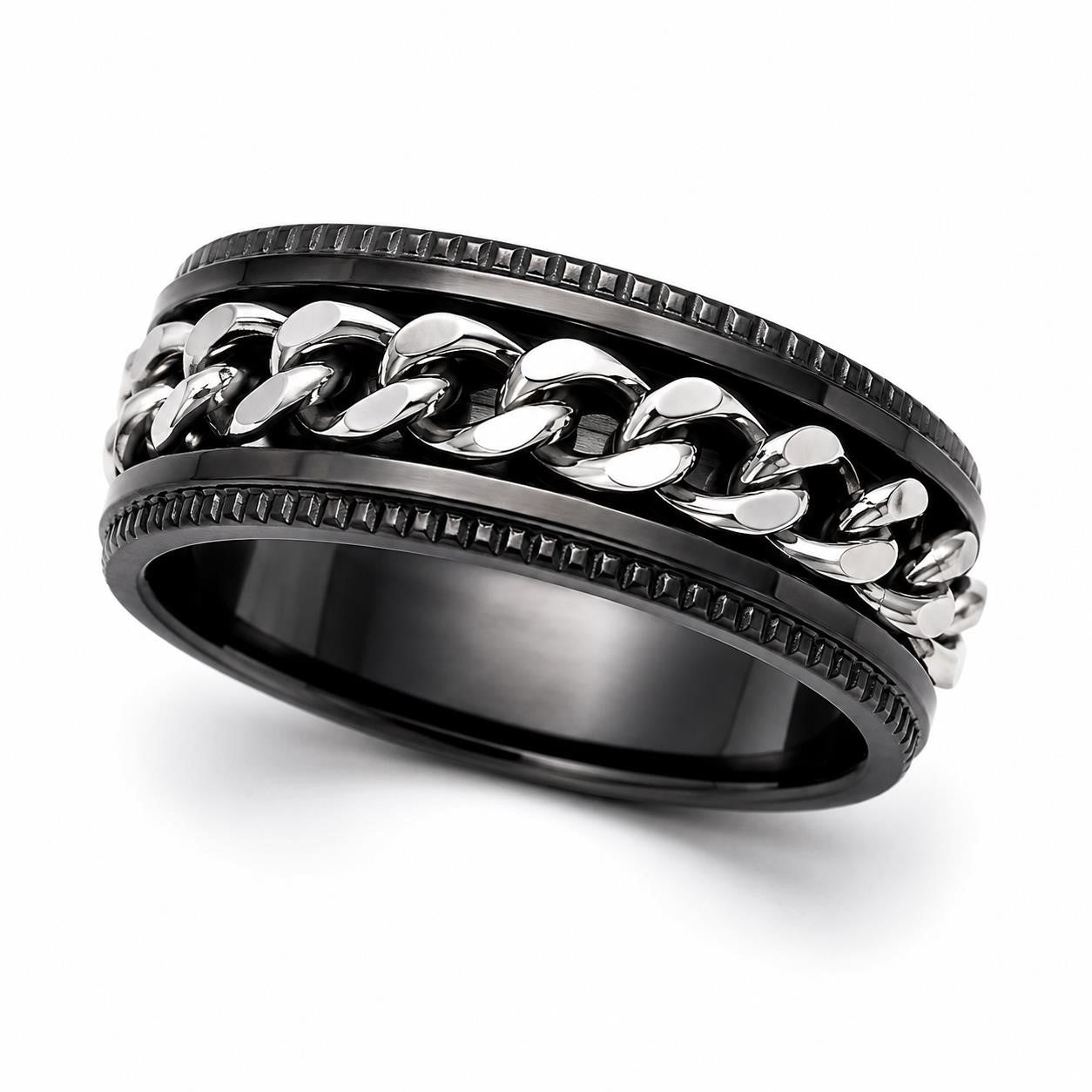 Men's silver chain-link ring on black band, size 10, from Republic Mercantile, showcasing a sleek, modern jewelry design.