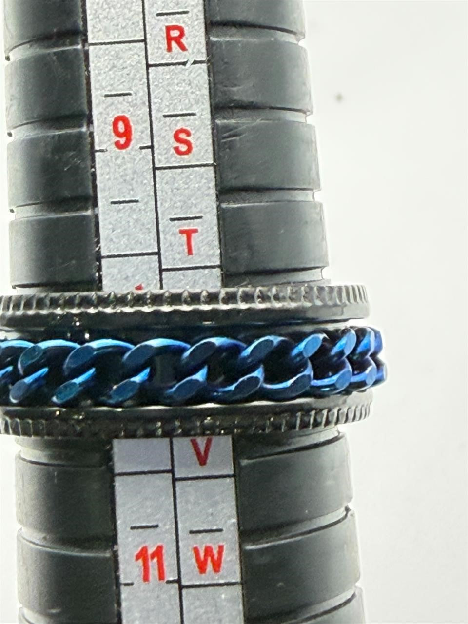 Men's blue chain-link ring on black band, size 10, from Republic Mercantile, showcasing a bold, stylish jewelry design.