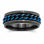 Men's blue chain-link ring on black band, size 10, from Republic Mercantile, featuring a bold chain-link design and smooth finish.