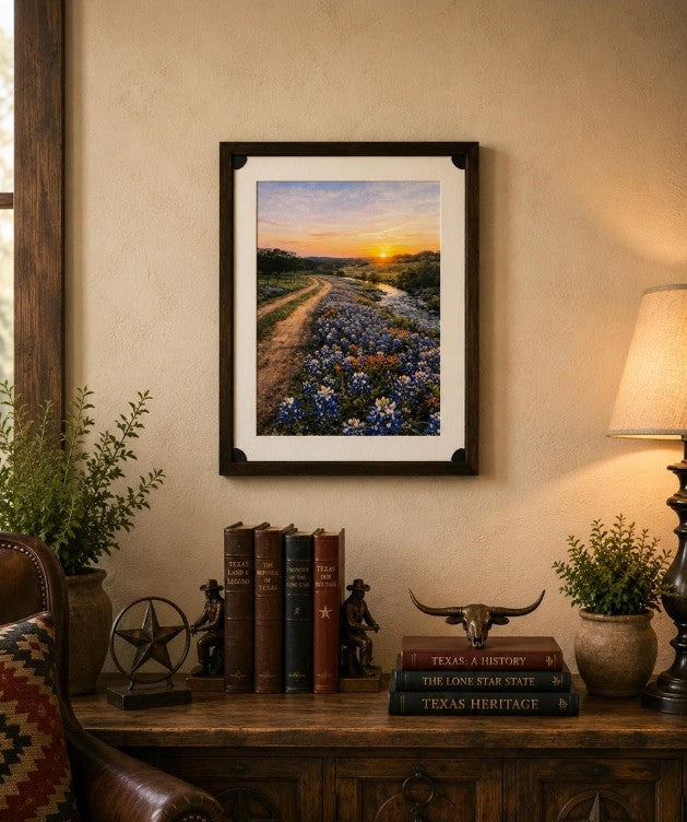 Bluebonnets art print from the Texas Heritage Series in an 8x10 inch size, housed in a protective mat folder by Republic Mercantile.