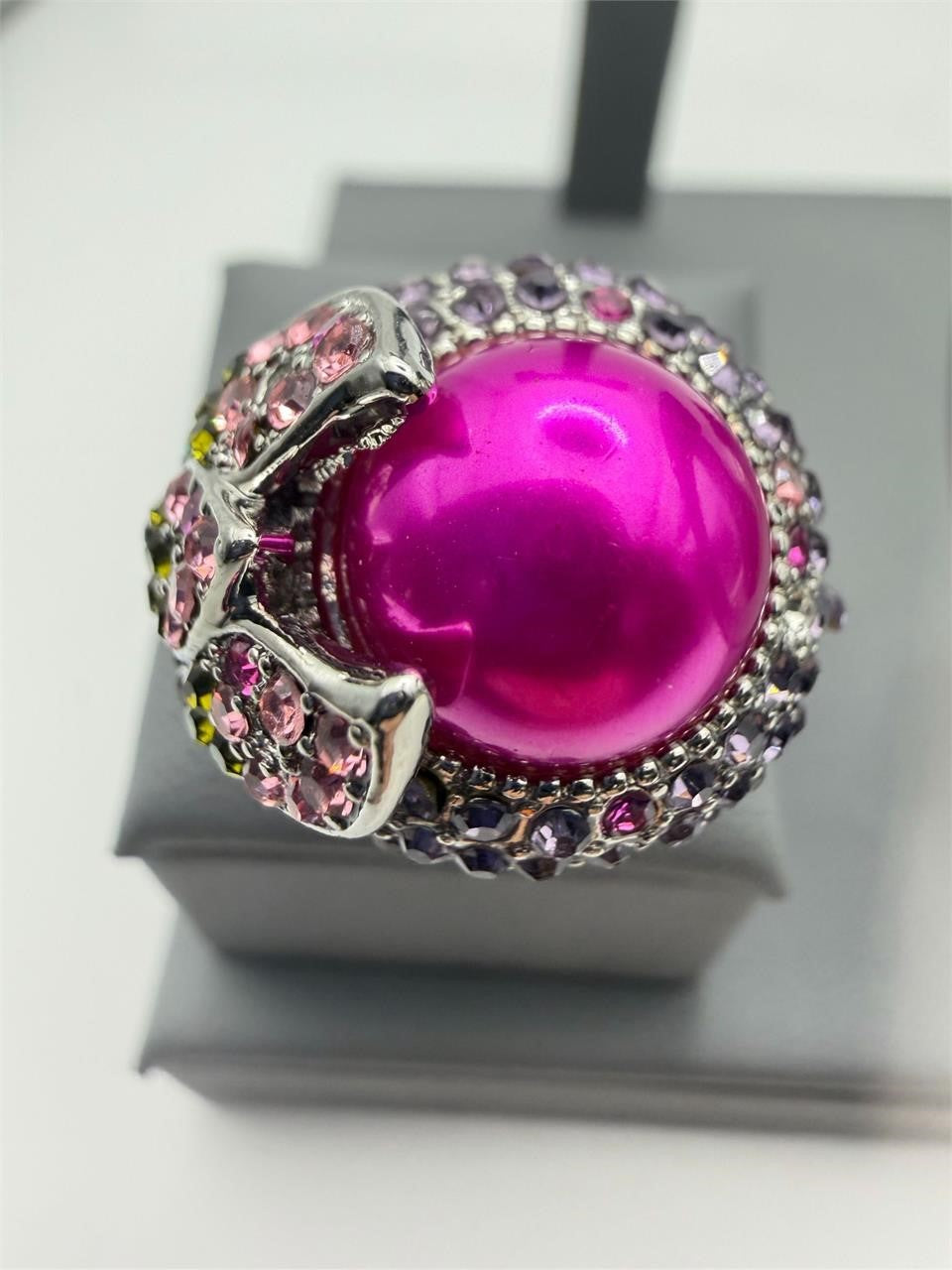 Pink pearl and floral gem dinner ring in size 6.5 with gold band, featuring intricate floral and pearl details by Republic Mercantile.