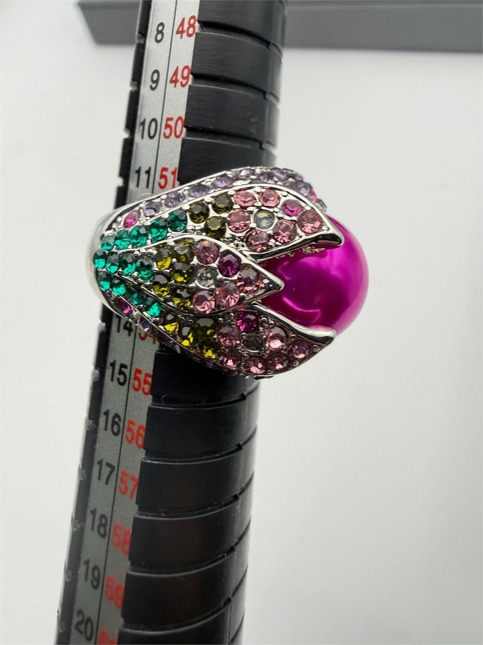 Pink pearl and floral gem dinner ring in size 6.5 by Republic Mercantile, featuring a floral design with pink and clear gemstones.