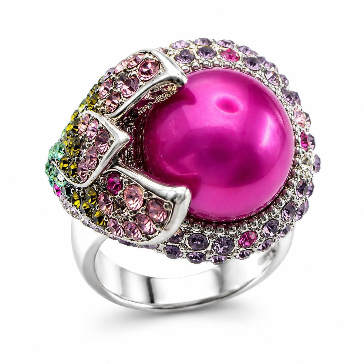 Pink pearl and floral gemstone dinner ring in size 6.5 by Republic Mercantile featuring a delicate floral design.