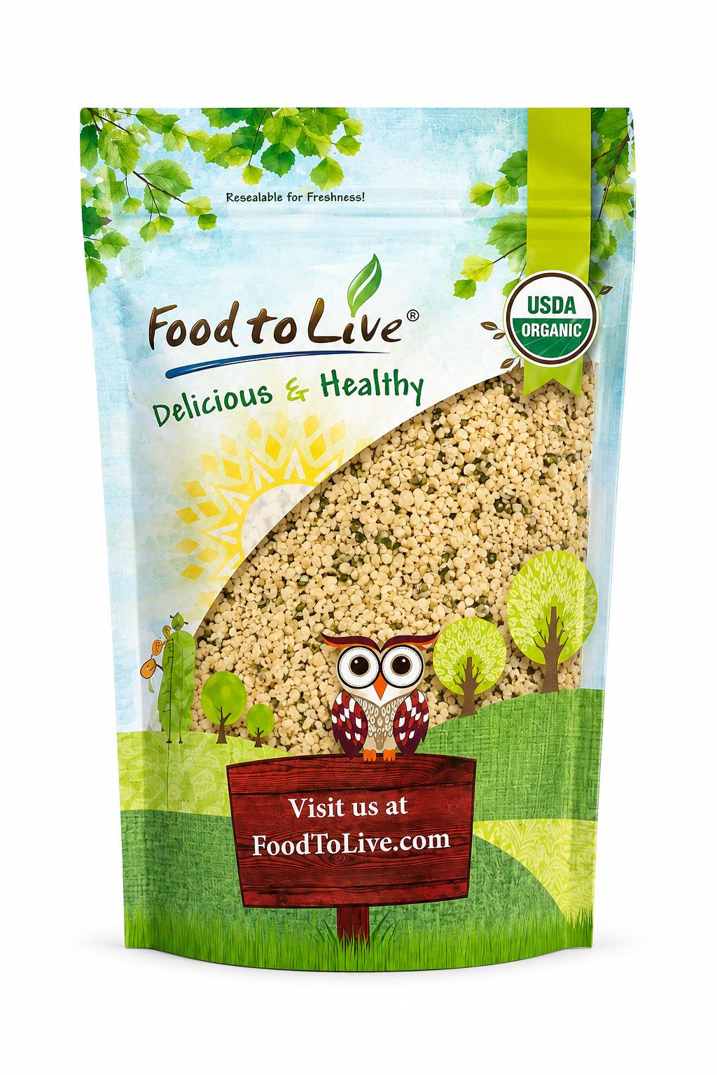 Organic Kosher Hemp Seeds by Food To Live in a 12 oz package, showing fresh green hemp seeds in a clear bowl.