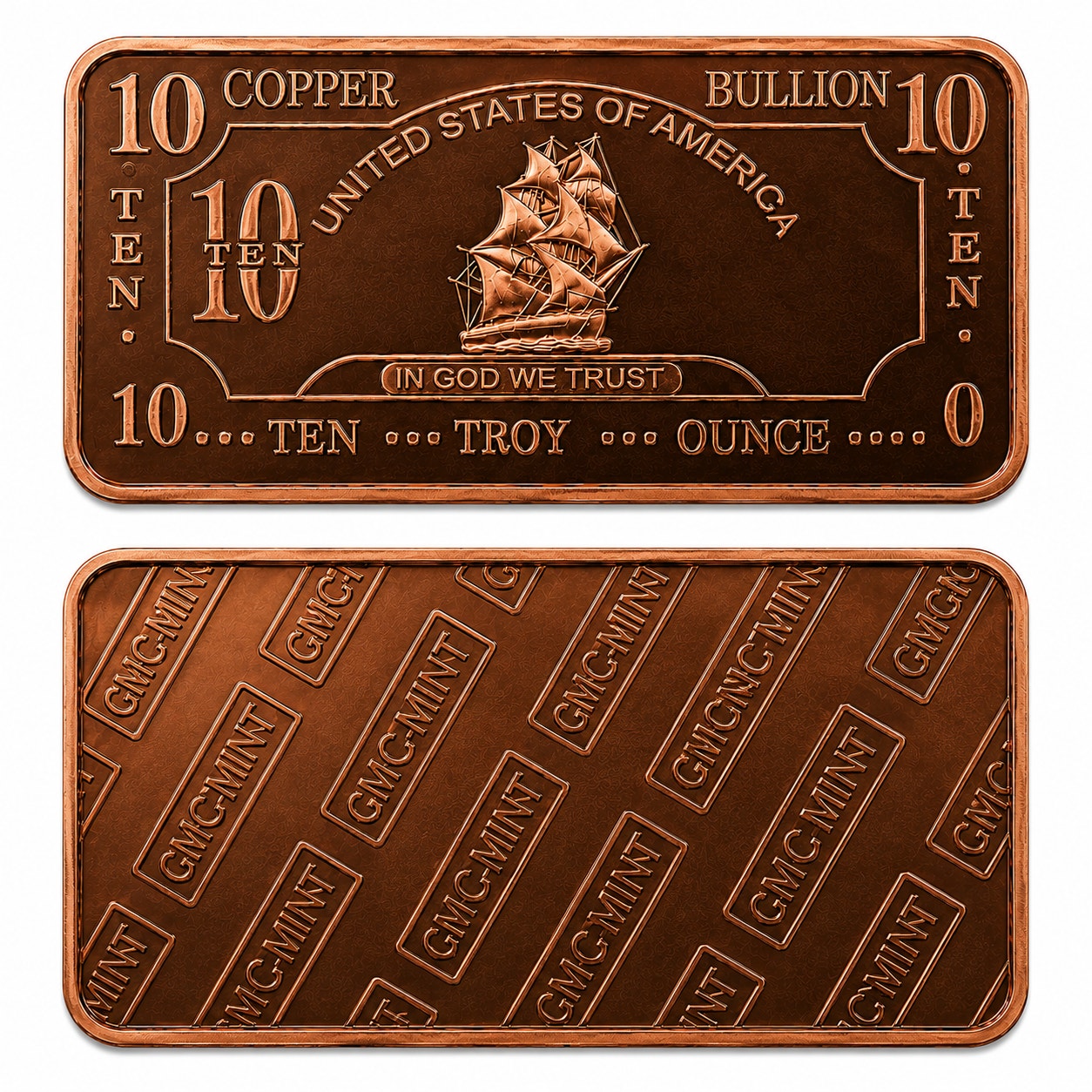 Ten AVDP oz .999 fine copper collectible bar from CMC Mint with detailed surface design and branding.