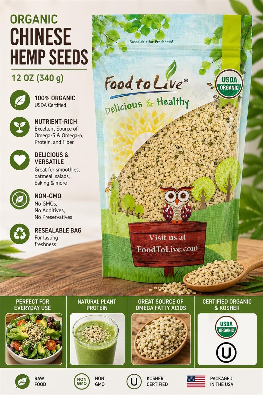 Kosher organic non-GMO hemp seeds in a 12 oz package from Food To Live, showing a close-up of green hemp seeds in a clear container.