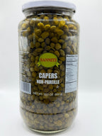 Sanniti 33.5 oz jar of capers with green, pickled caper buds in brine, ready for culinary use