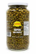 Sanniti 33.5 oz jar of capers showing the jar with green capers inside, ideal for culinary use and flavor enhancement