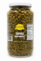 Sanniti 33.5 oz jar of capers showing the jar with green capers inside, ideal for culinary use and flavor enhancement