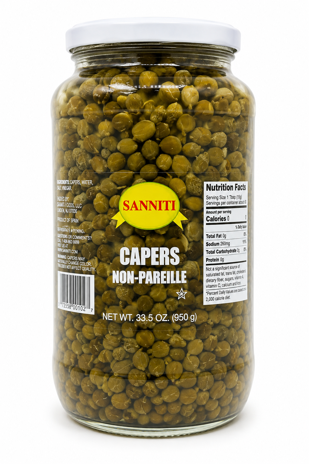 Sanniti 33.5 oz jar of capers showing the jar with green capers inside, ideal for culinary use and flavor enhancement