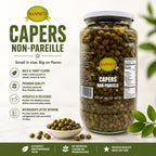 Jar of Sanniti 33.5 oz capers with green, pickled buds in clear jar, showing the product's size and fresh appearance.