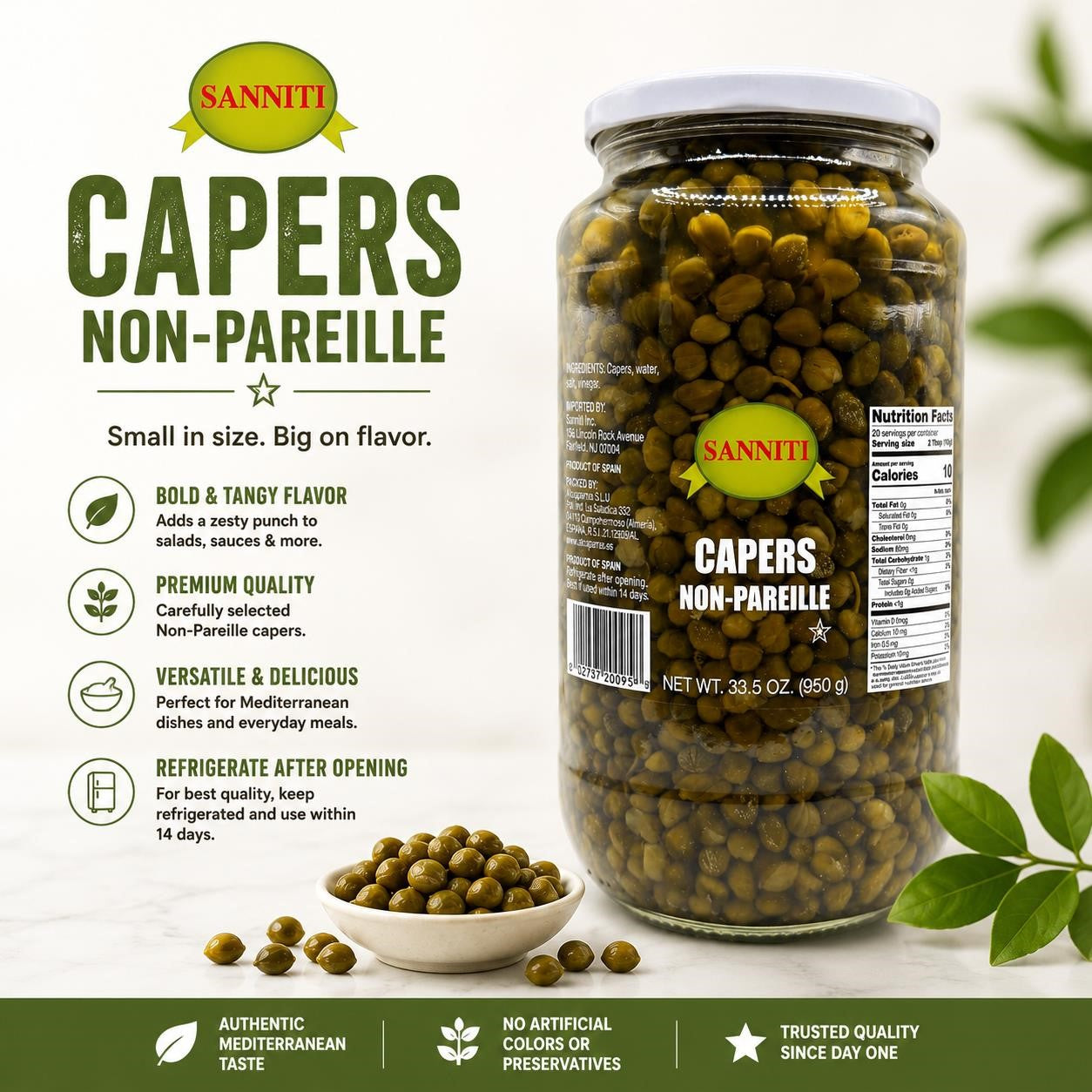 Jar of Sanniti 33.5 oz capers with green, pickled buds in clear jar, showing the product's size and fresh appearance.