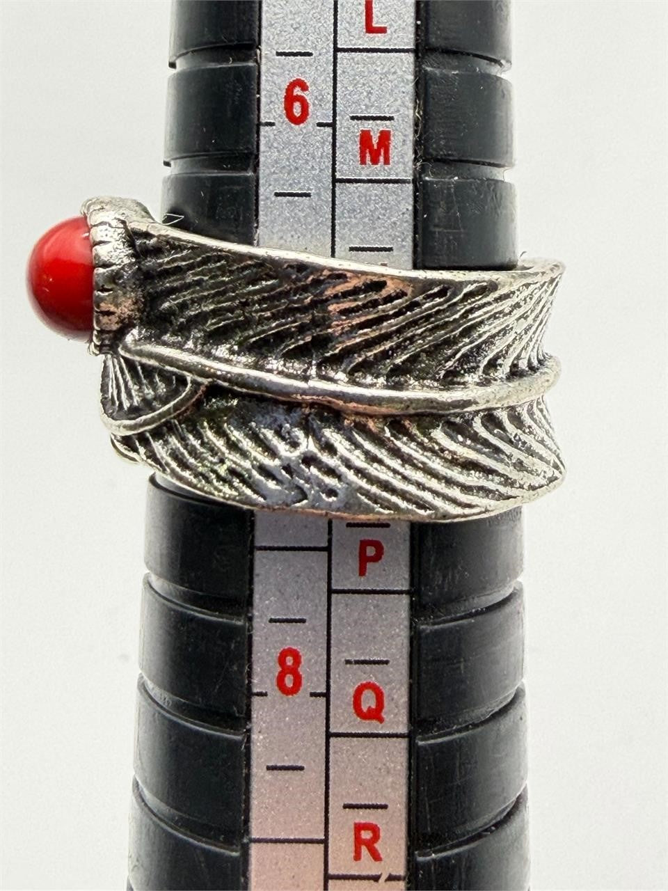 Silver tone wide ring with a red agate stone, size 7, featuring a lustrous finish and bold, stylish design by Republic Mercantile.