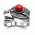 Silver tone wide ring with lustrous finish and a red agate gemstone, size 7, crafted by Republic Mercantile.