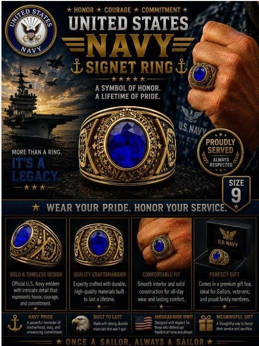 Men's US Navy Signet Ring in blue metal, size 10, featuring navy emblem, by Republic Mercantile.