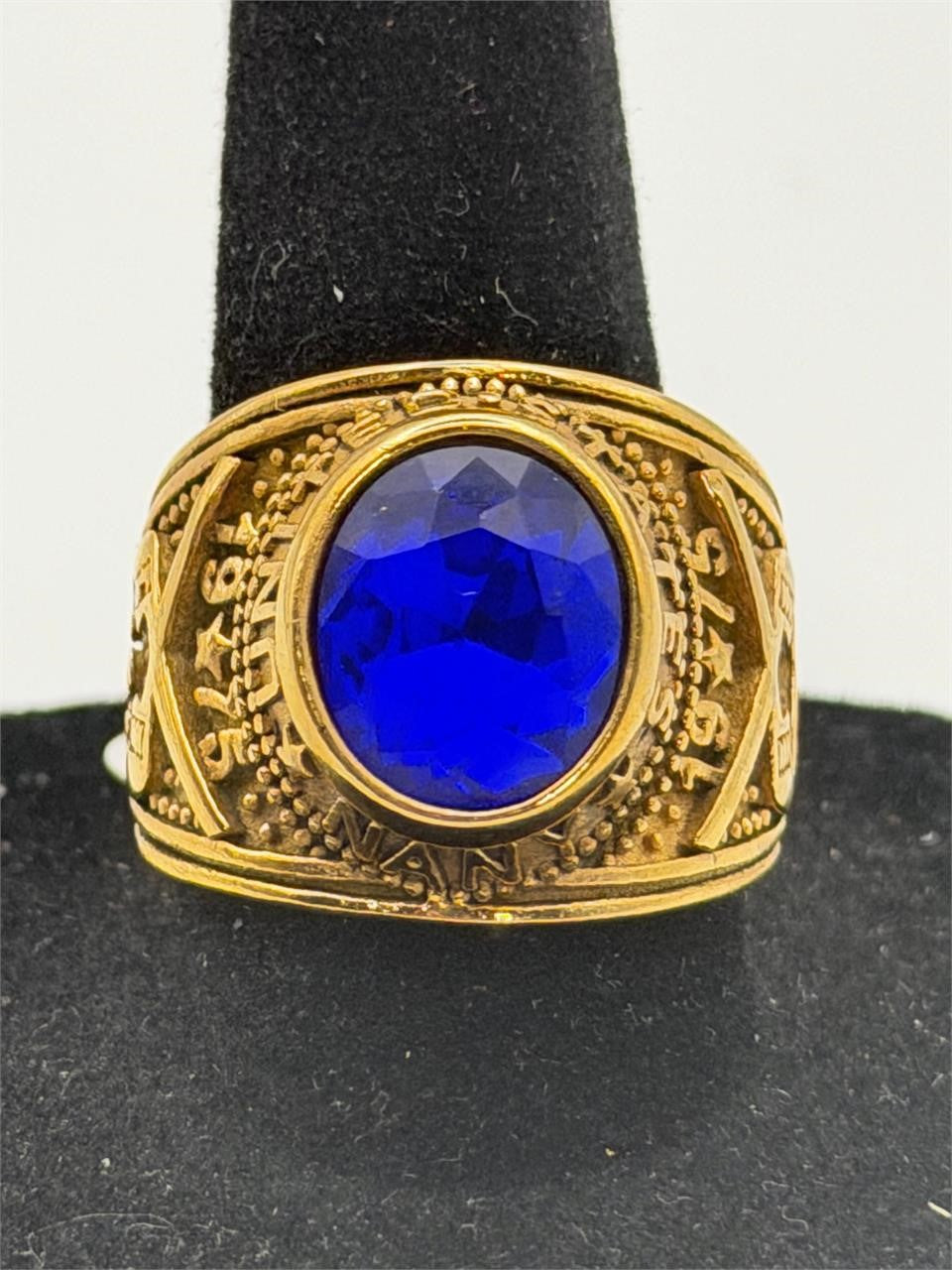 Men's US Navy signet ring in blue with Republic Mercantile branding, size 10, featuring a detailed navy insignia design.