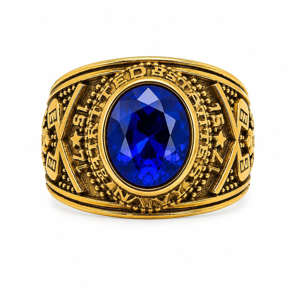 Men's US Navy signet ring in blue with size 10, crafted by Republic Mercantile, featuring detailed navy insignia on the front.