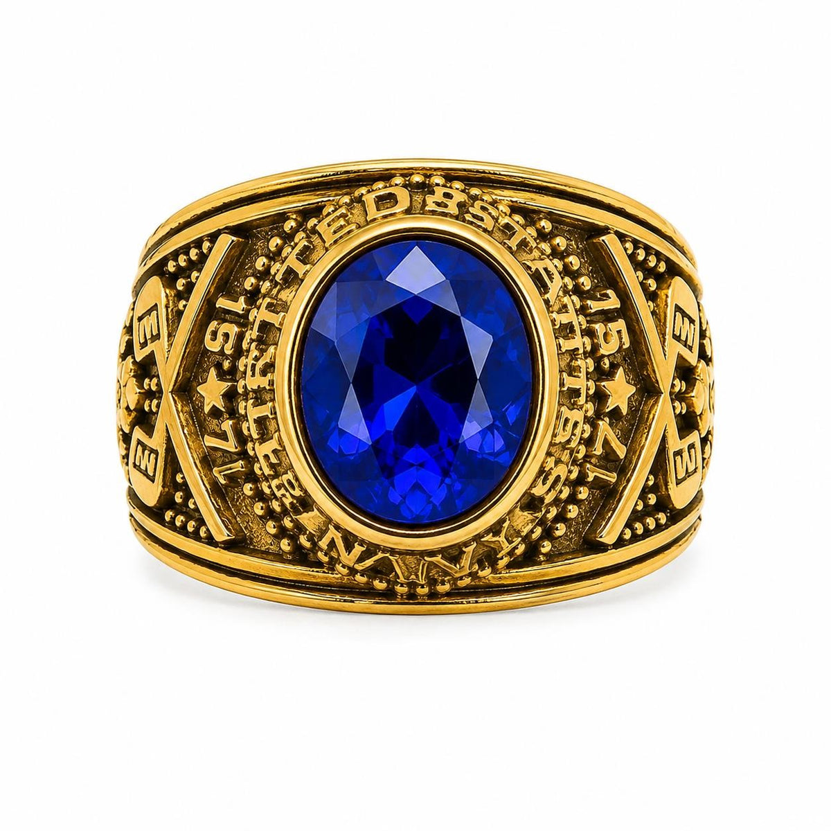 Men's US Navy signet ring in blue with size 10, crafted by Republic Mercantile, featuring detailed navy insignia on the front.
