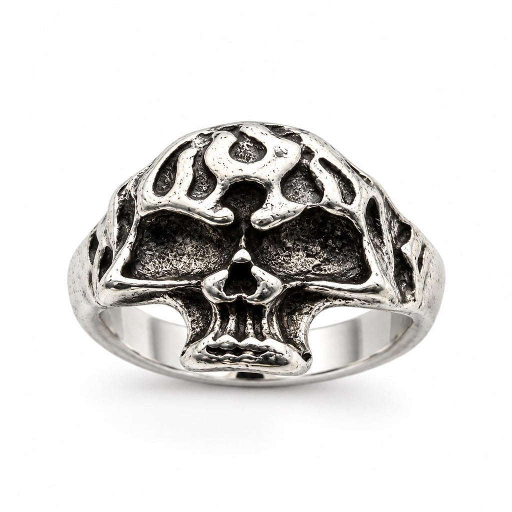 Silver-toned skull ring in size 7 from Republic Mercantile, featuring detailed skull design on a sleek band.