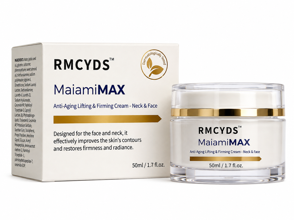 Maiami Max Anti-Aging Lifting Cream for neck and face, featuring a sleek jar with cream inside, designed for skin tightening.