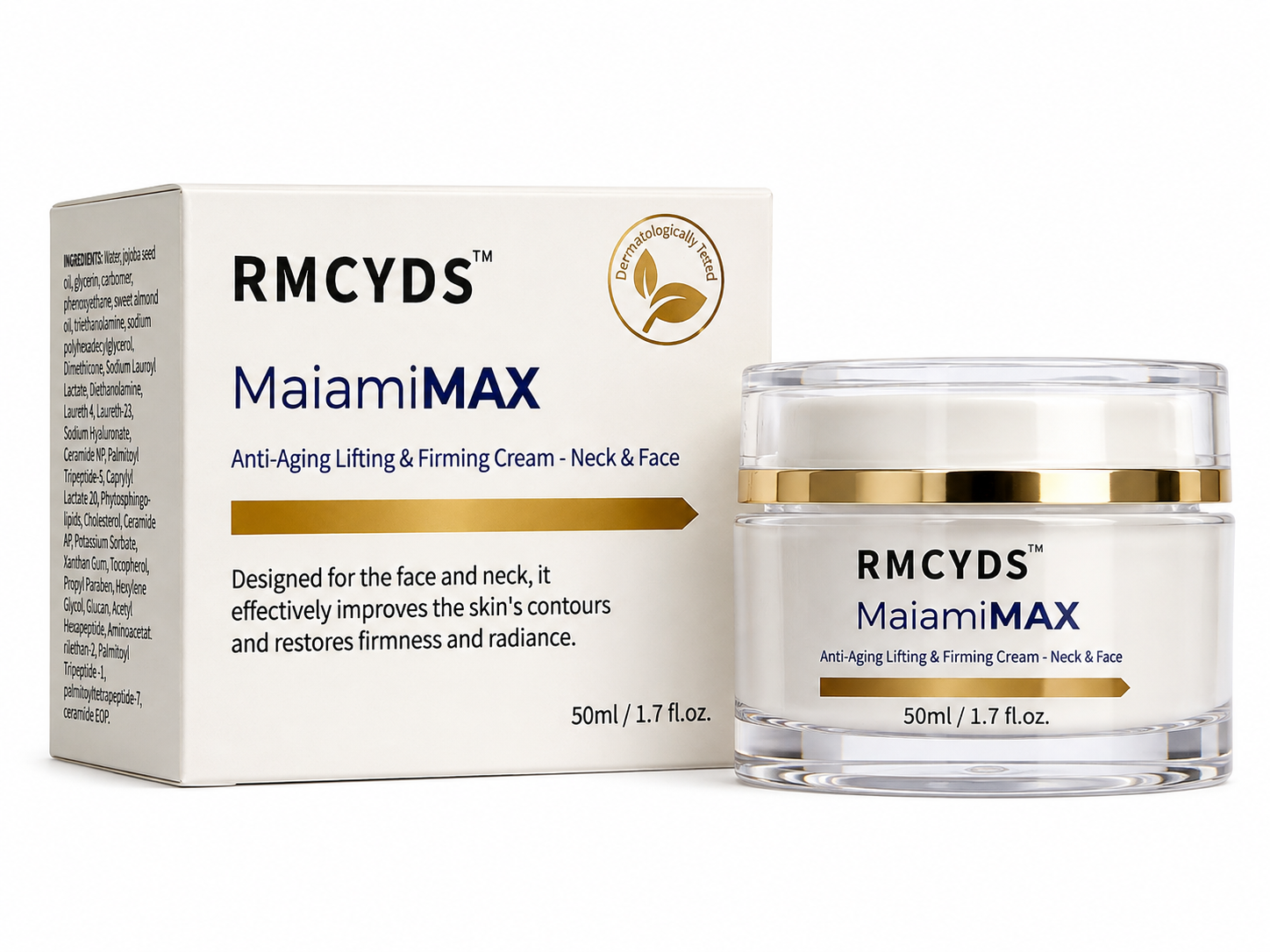 Maiami Max Anti-Aging Lifting Cream for neck and face, featuring a sleek jar with cream inside, designed for skin tightening.