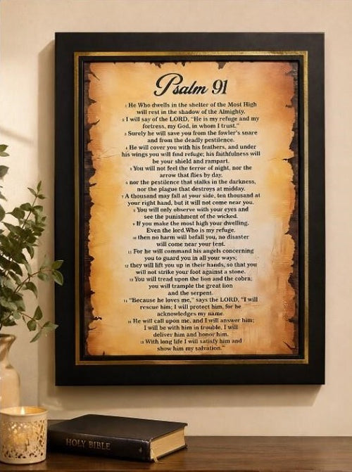 12x16 inch canvas art print of Psalm 91 with decorative script, by Republic Mercantile, displayed on a neutral background.