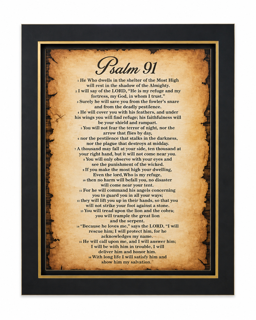 12x16 inch canvas art print of Psalm 91 with decorative lettering, by Republic Mercantile, displayed on a wall.