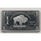 1 oz .999 fine zinc collectible bar from CMC Mint, featuring detailed engravings on a rectangular metal bar.