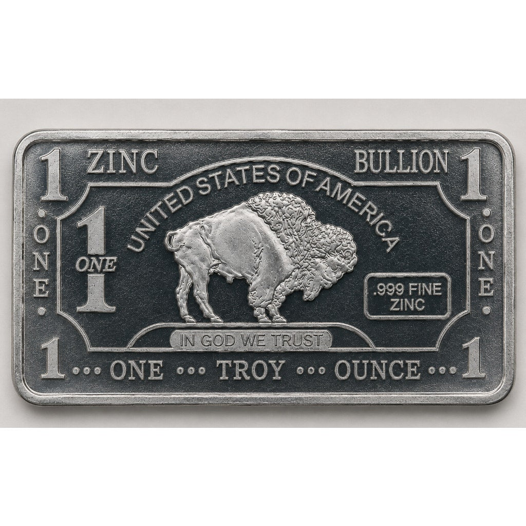 1 oz .999 fine zinc collectible bar from CMC Mint, featuring detailed engravings on a rectangular metal bar.