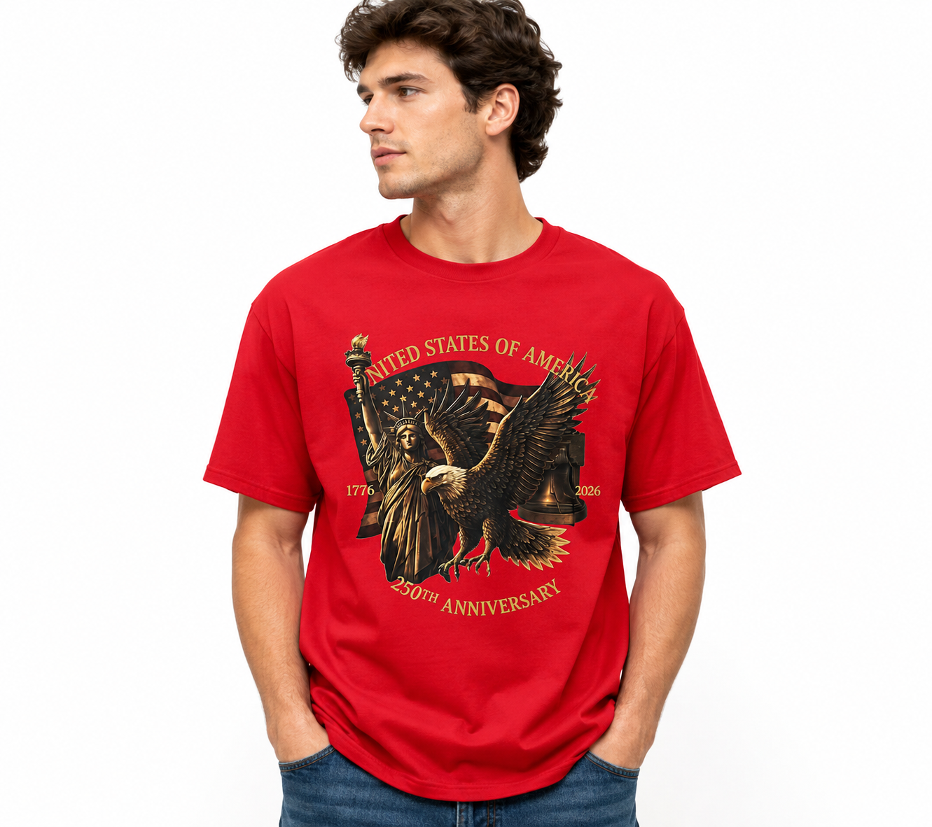 Red 250th USA Anniversary T-shirt by Republic Mercantile, size M, featuring patriotic design and comfortable fit.