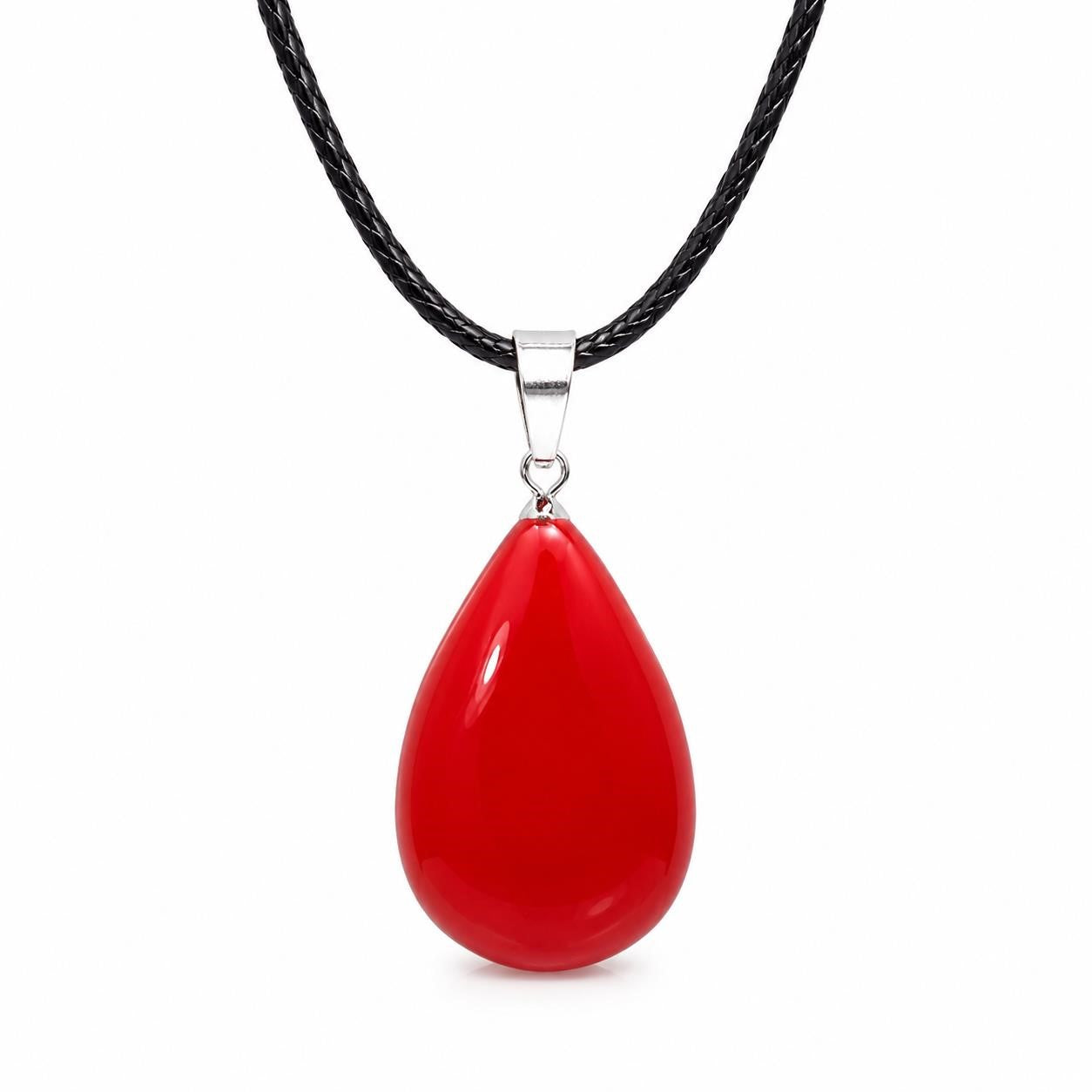 Red teardrop stone pendant necklace with rope chain from Republic Mercantile, showcasing a vibrant gemstone on a delicate chain.