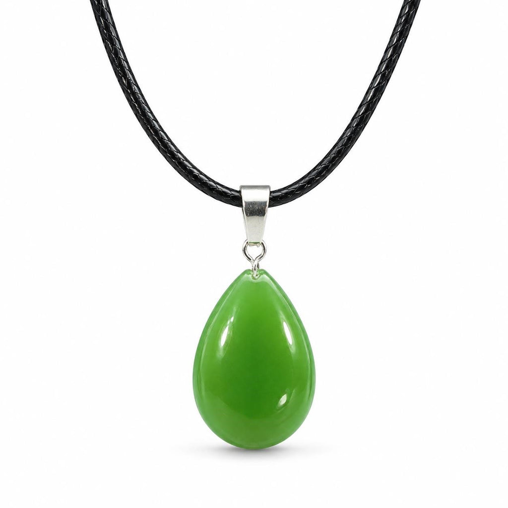 Green teardrop stone pendant necklace with rope chain, featuring a Republic Mercantile jewelry design and natural gemstone appearance.