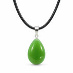 Green teardrop stone pendant necklace with rope chain, featuring a Republic Mercantile jewelry design and natural gemstone appearance.