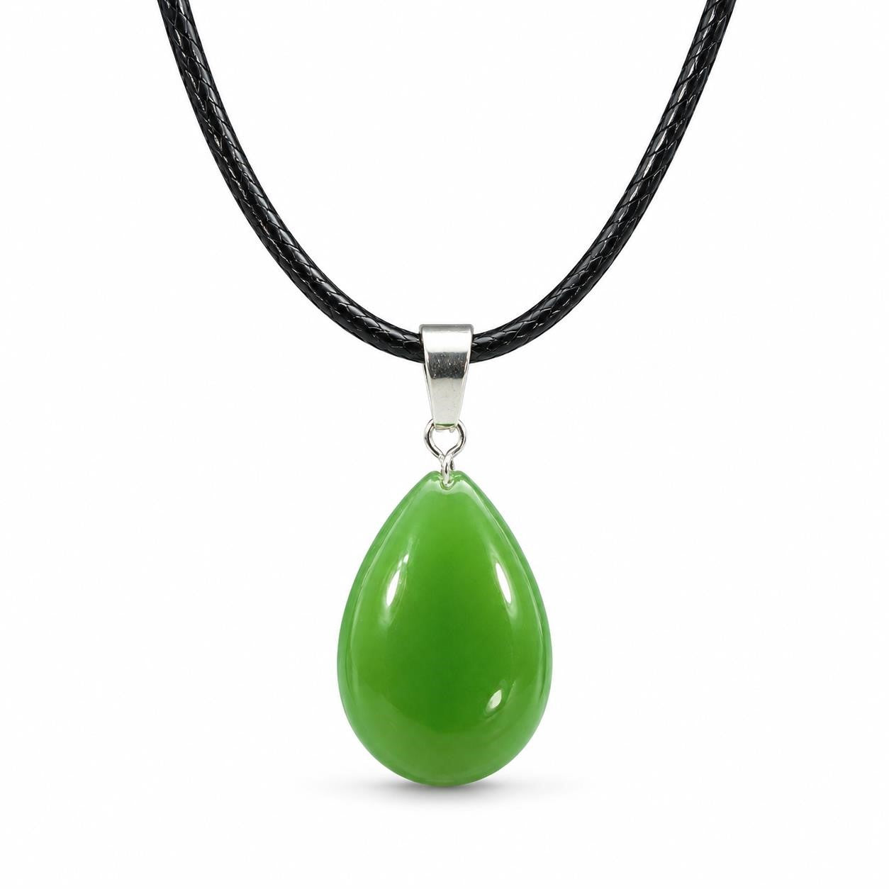 Green teardrop stone pendant necklace with rope chain, featuring a Republic Mercantile jewelry design and natural gemstone appearance.