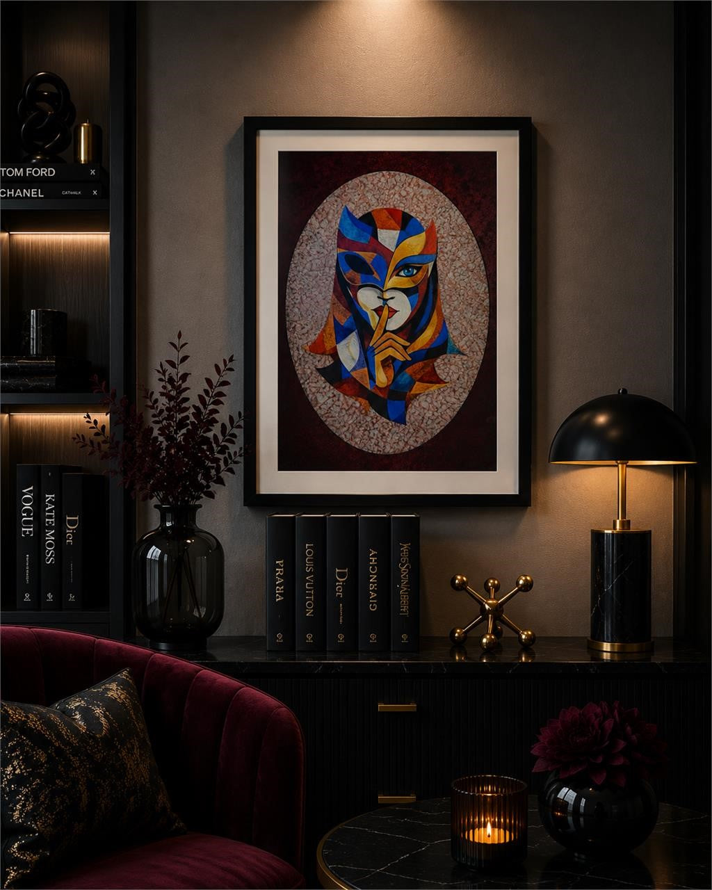 Set of 5 Masquerade Series 8x10 inch wall art prints in matte folders by Republic Mercantile, displayed together.