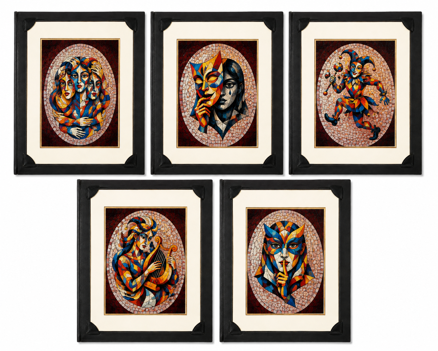 Set of 5 Masquerade Series 8x10 inch wall art in matte folders by Republic Mercantile displayed in a gallery setting.