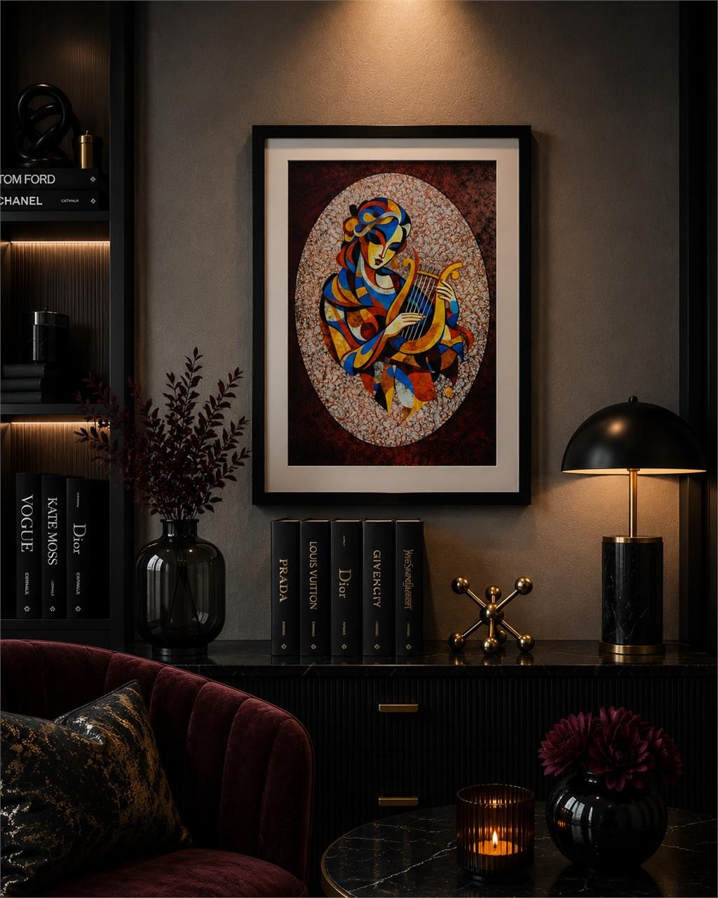 Set of 5 Masquerade Series 8x10 inch wall art prints in matte folders by Republic Mercantile displayed on a wall.