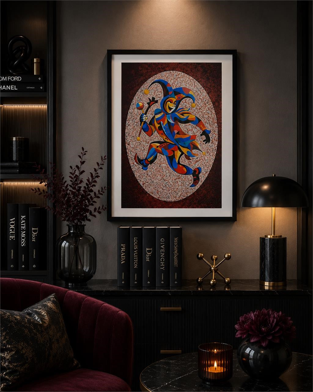Set of five Masquerade Series 8x10 inch wall art prints in matte folders by Republic Mercantile displayed on a wall.
