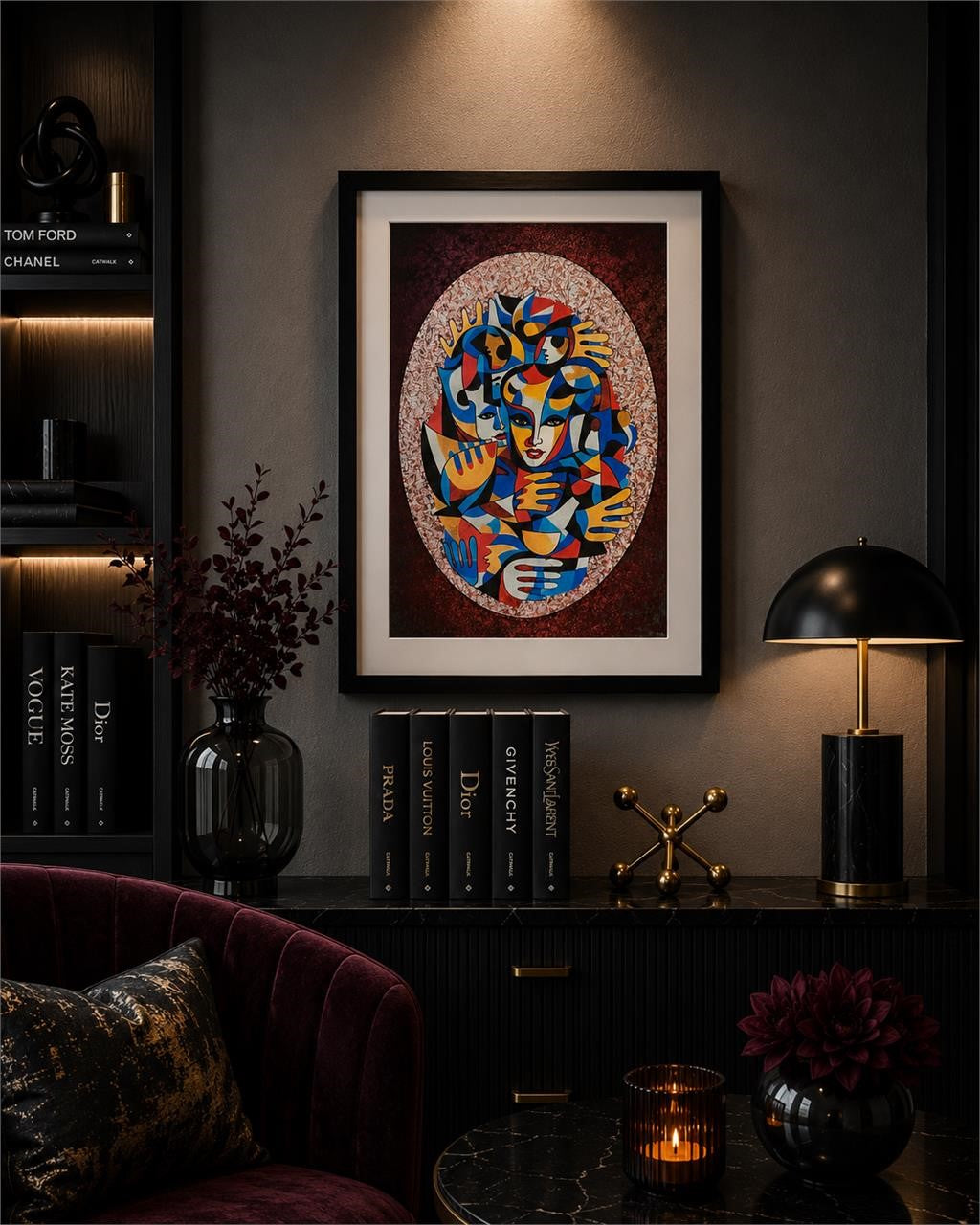 Set of 5 Masquerade Series 8x10 inch wall art in matte folders by Republic Mercantile, displayed together on a wall.