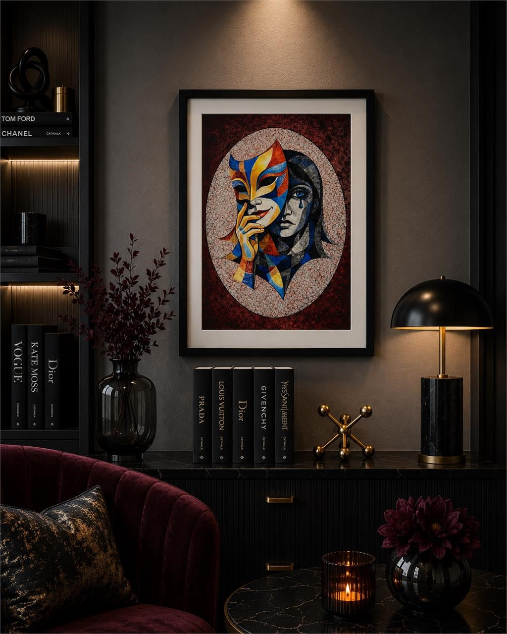 Set of five Masquerade Series 8x10 inch wall art framed in matte folders by Republic Mercantile displayed on a wall.