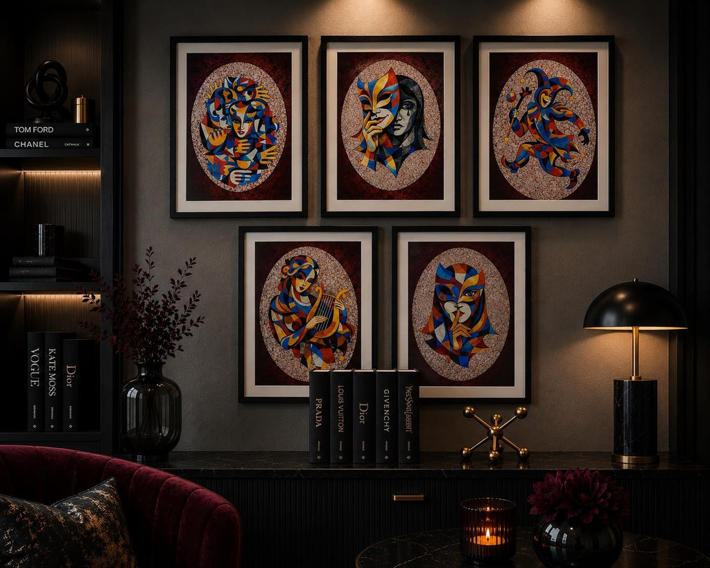 Set of 5 Masquerade Series 8x10 inch wall art prints in matte folders, featuring artistic designs by Republic Mercantile.